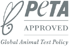 PETA logo with 'PETA Approved' text and 'Global Animal Test Policy' below it.